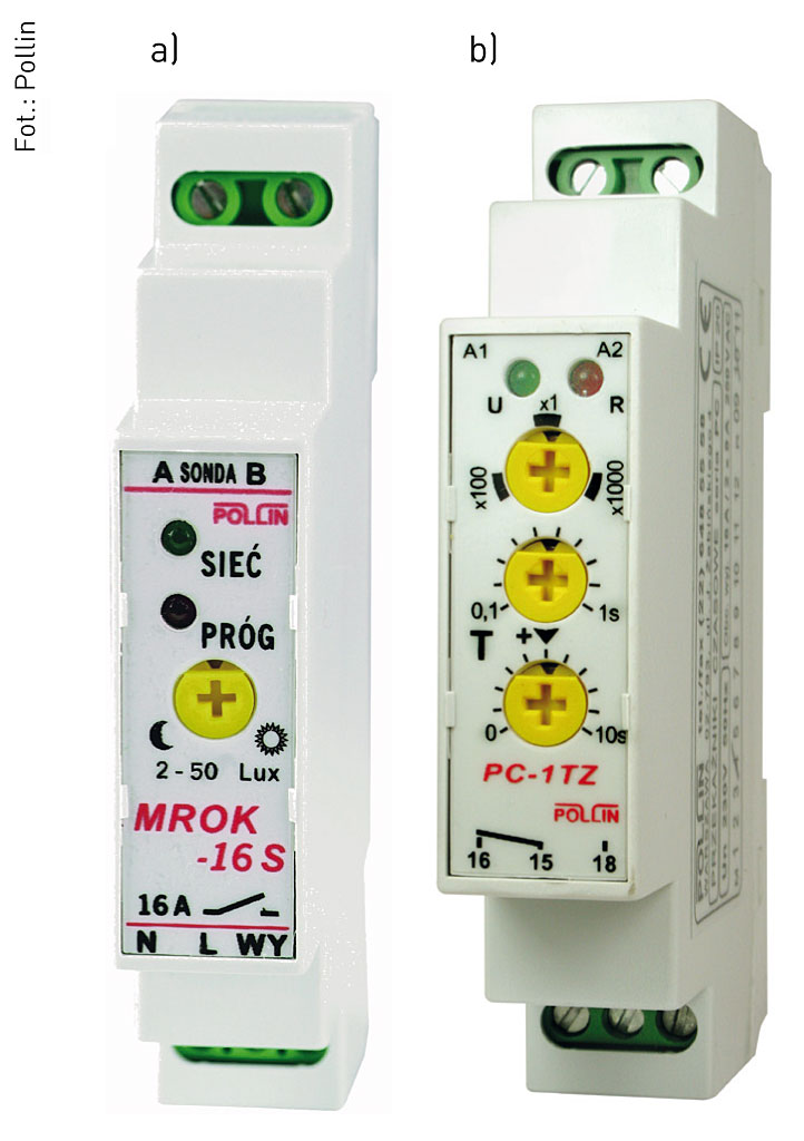 Fot. 1. a) MROK 16 S – automat zmierzchowy
do montażu na szynie 35 mm z diodą LED ułatwiającą regulację,
b) PC-1TZ – przekaźnik czasowy z opóźnianym załączaniem posiada styk galwanicznie odseparowany.