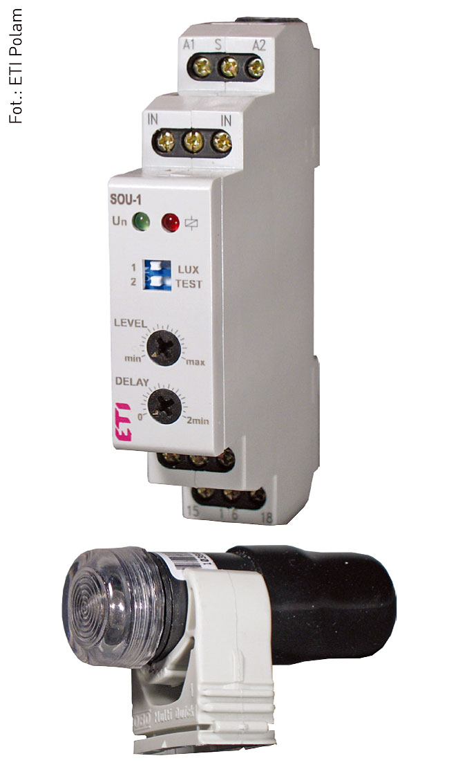 Fot. 6. Wyłącznik zmierzchowy SOU-1 sprzedawany jest w komplecie z czujnikiem oświetlenia wraz ze wspornikiem czujnika. Wysoka szczelność czujnika – IP65. Przełącznik „TEST” umożliwia przełączenie na świecenie ciągłe. Możliwe nastawy oświetlenia w dwóch regulowanych podzakresach.
Zwłoka czasowa 0-2 min.