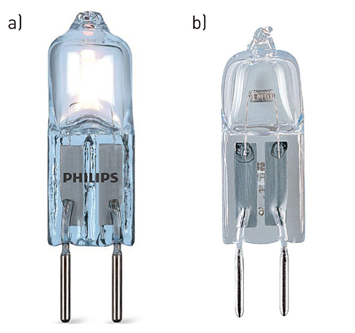 Fot. 3. Niskonapięciowe źródła halogenowe bez reflektora: a) Philips Eco- Halo Caps 12 V, b) Halostar