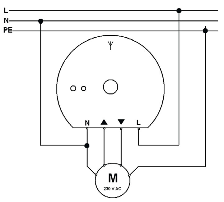 Rys. 1. Plan połączeń miniaturowego sterownika do żaluzji (na 230 V). Dzięki niewielkim wymiarom może być instalowany w puszkach lub bezpośrednio w kasetach napędów żaluzjowych.