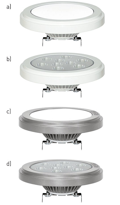 Rys. 1. Lampa AR111-G53. a) obudowa biała, diody typu SMD b) obudowa biała, diody typu XP-G, XP-E c) obudowa szara, diody typu SMD d) obudowa szara, diody typu XP-G, XP-E
