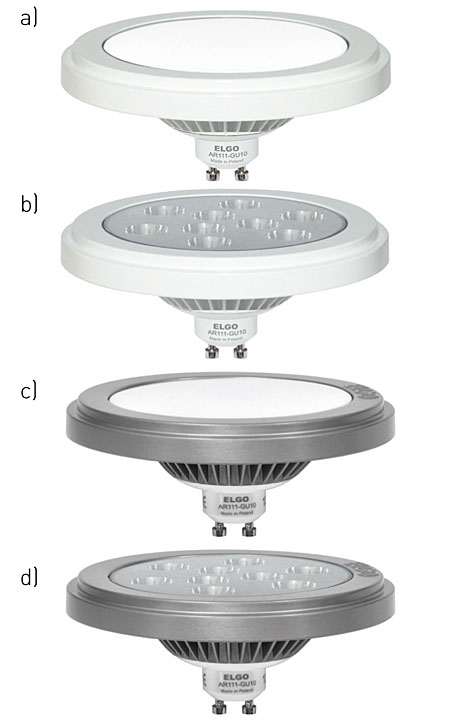 Rys. 2. Lampa AR111-GU10. a) obudowa biała, diody typu SMD b) obudowa biała, diody typu XP-G, XP-E c) obudowa szara, diody typu SMD d) obudowa szara, diody typu XP-G, XP-E