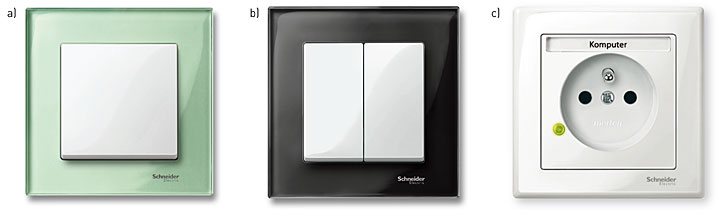 Fot. 1. a. Łącznik 1-biegunowy Schneider Electric, seria Merten M-Elegance szkło, szmaragdowy/biały połysk, b. Łącznik świecznikowy Schneider Electric, seria Merten M-Elegance szkło, onyksowy/biały połysk, c. Gniazdo wtykowe z kołkiem ochronnym i z ogranicznikiem przepięć Schneider Electric, seria Merten M-Smart, biały połysk.
