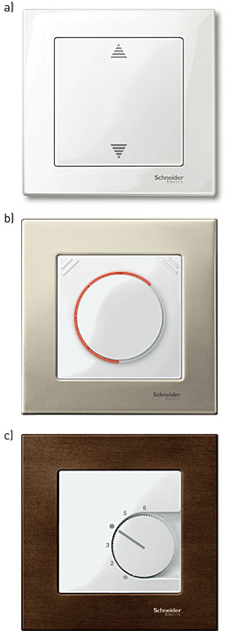 Fot. 2. a. Przycisk radiowy Connect do sterowania roletami, sensorowy Schneider Electric, seria Merten M-Plan, biały połysk, b. Komfortowy ściemniacz obrotowy Schneider Electric, seria Merten M-Elegance metal, szary metaliczny/biały połysk, c. Pokojowy regulator temperatury Schneider Electric, seria Merten M-Elegance drewno, wenge/biały połysk.