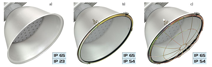 Fot. 2. Oprawa MITRA LED 480: a) odbłyśnik otwarty, bez zabezpieczenia, b) odbłyśnik z szybą ze szkła hartowanego, c) odbłyśnik z szybą i siatką zabezpieczającą.